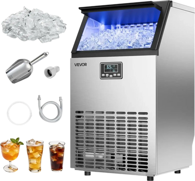 VEVOR Commercial Ice Maker Machine, 100 lbs/24h with 26 lbs Storage Capacity, Built-in/Freestanding/Under Counter, Stainless Steel Ice Maker with LED Display & Self-Cleaning, for Home Bar Restaurant