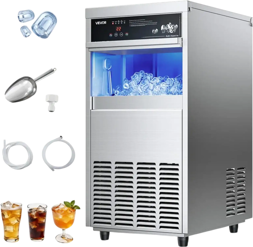 VEVOR Commercial Ice Maker Machine, 100 lbs/24h with 30-35 lbs Storage, Built-in/Freestanding/Under Counter, Stainless Steel Ice Maker with LED Display & Self-Cleaning, for Home Bar Restaurant