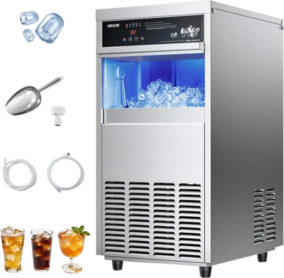 VEVOR Commercial Ice Maker Machine, 100 lbs/24h with 30-35 lbs Storage, Built-in/Freestanding/Under Counter, Stainless Steel Ice Maker with LED Display & Self-Cleaning, for Home Bar Restaurant