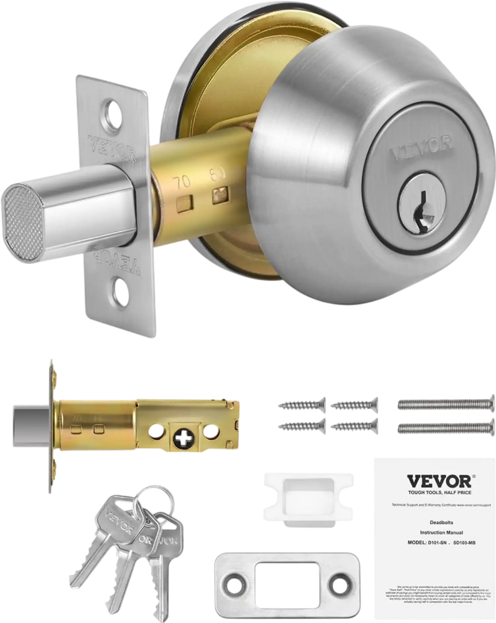 VEVOR Deadbolt Lock, Round Single Cylinder Dead Bolt, Keyed 1 Side, Fits Standard Size Interior and Exterior Doors, Full Metal, with 3 Keys, for Front Entry Door Residential Security, Satin Nickel