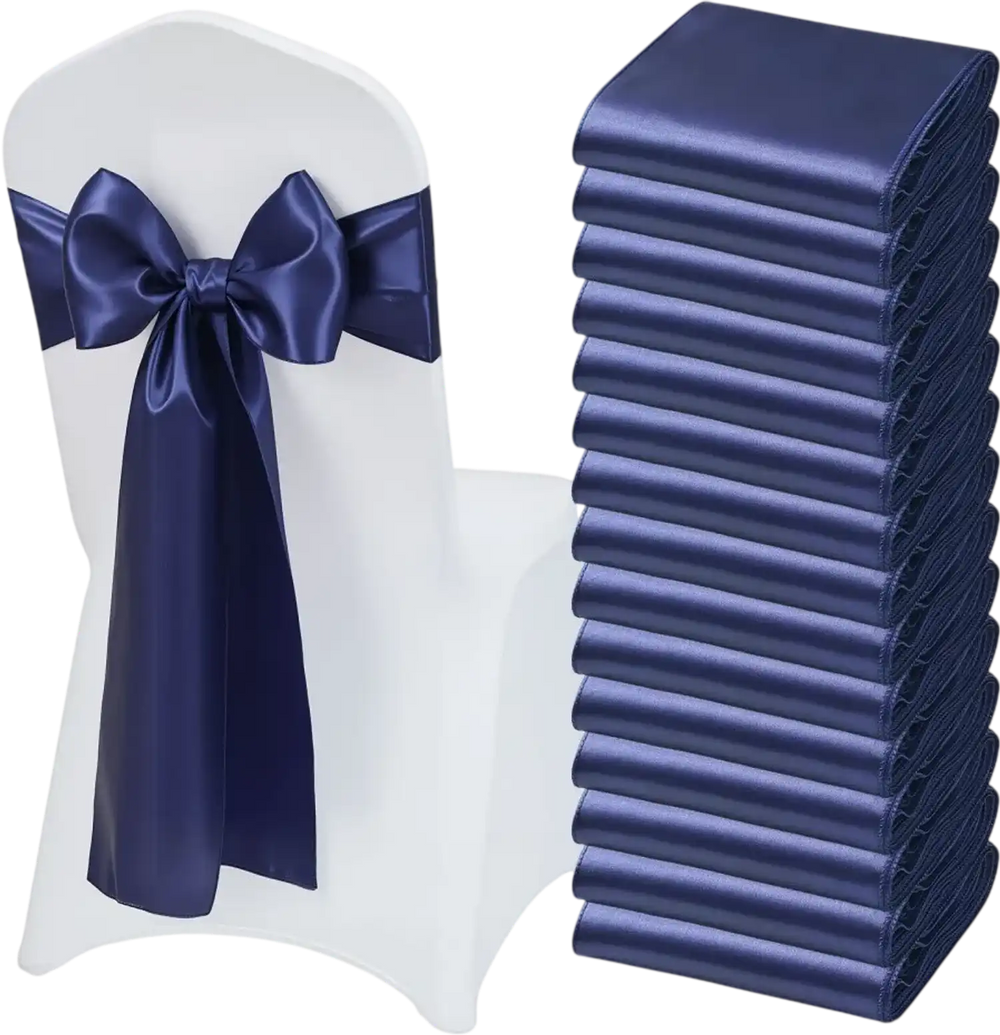 VEVOR Satin Chair Sashes Bows, 50PCS Chair Ribbon Ties Back Sash, 7 x 108 inch, Navy Blue Wedding Reception Decoration, for Wedding Ceremony Baby Shower Party Events Banquet Chair Cover Decoration