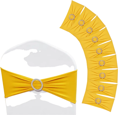 VEVOR Stretch Spandex Chair Sashes, Chair Slipcover and Stretch Chair Sash with Round Buckle, Elastic Chair Bands, Fitting Wedding, Holiday, Banquet, Party Chair Decoration (100 PCS Golden Yellow)