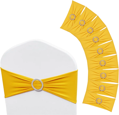VEVOR Stretch Spandex Chair Sashes, Chair Slipcover and Stretch Chair Sash with Round Buckle, Elastic Chair Bands, Fitting Wedding, Holiday, Banquet, Party Chair Decoration (50 PCS Golden Yellow)