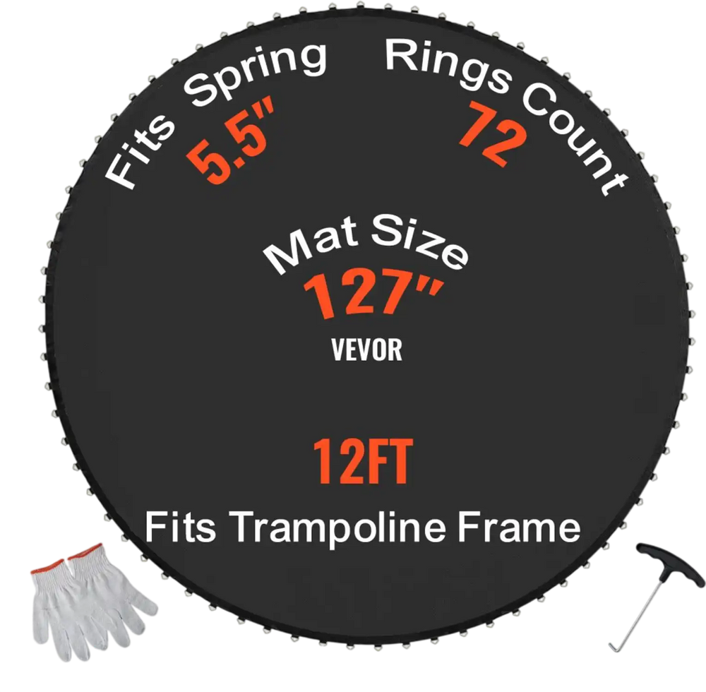 VEVOR Replacement Trampoline Mat, Jumping Mat Fits 12ft Frame, Universal Jumping Mat for 12ft Round Trampoline, Reinforce UV-Resistant Mat with Spring Tool & Durable V-Rings, Fit 5.5" Spring Length