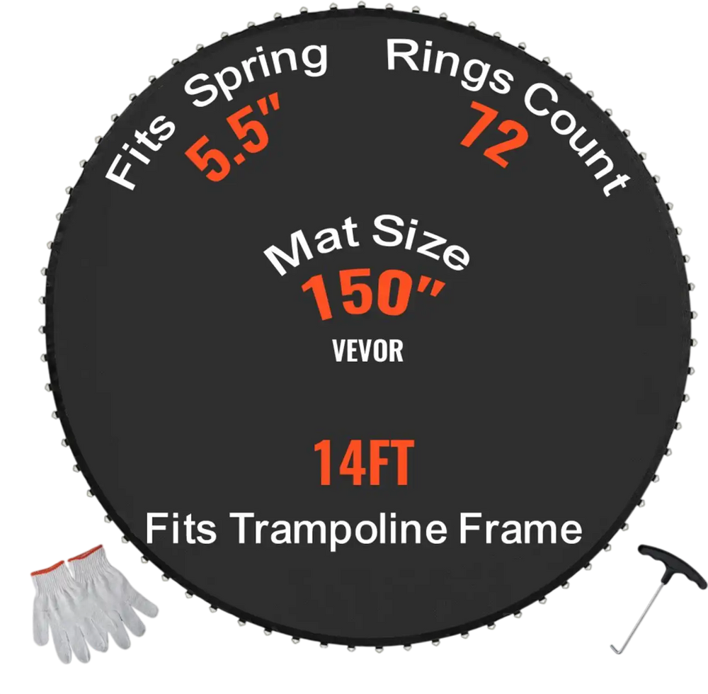 VEVOR Replacement Trampoline Mat, Jumping Mat Fits 14ft Frame, Universal Jumping Mat for 14ft Round Trampoline, Reinforce UV-Resistant Mat with Spring Tool & Durable V-Rings, Fit 5.5" Spring Length