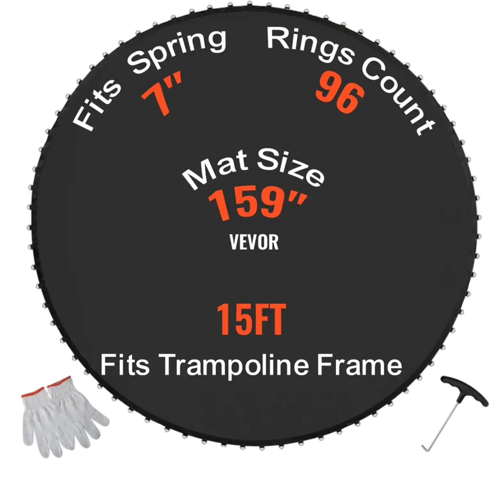 VEVOR Replacement Trampoline Mat, Jumping Mat Fits 15ft Frame, Universal Jumping Mat for 15ft Round Trampoline, Reinforce UV-Resistant Mat with Spring Tool & Durable V-Rings, Fit 7" Spring Length