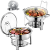 VEVOR Chafing Dish Buffet Set, 5 Qt 2 Pack, Stainless Steel Chafer with 2 Full Size Pan, Round Catering Warmer Server with Glass Lid Water Pan Folding Stand Fuel Holder, for Wedding Party Banquet, Silver