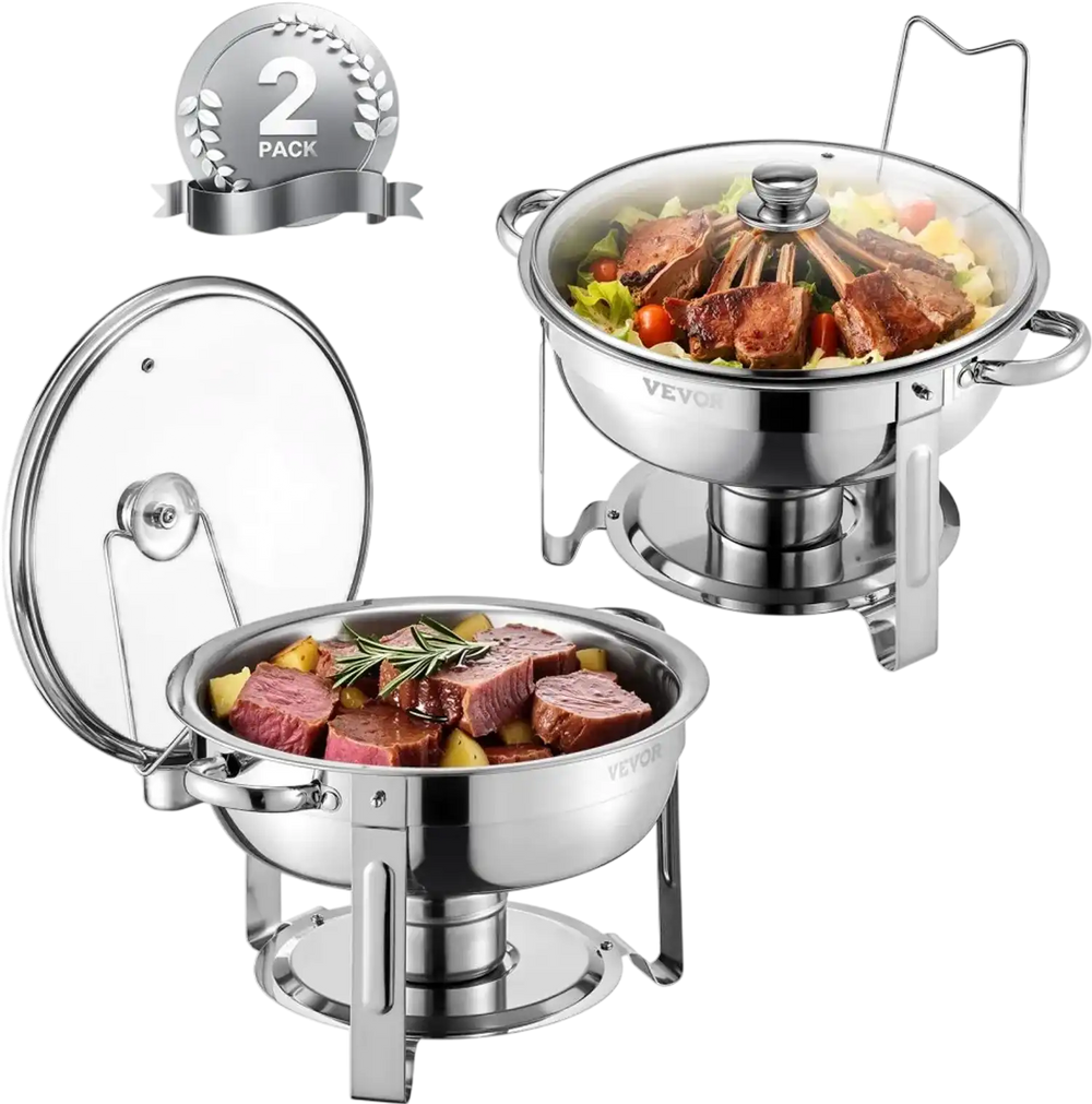 VEVOR Chafing Dish Buffet Set, 5 Qt 2 Pack, Stainless Steel Chafer with 2 Full Size Pan, Round Catering Warmer Server with Glass Lid Water Pan Folding Stand Fuel Holder, for Wedding Party Banquet, Silver