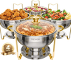 VEVOR Chafing Dish Buffet Set, 5 Qt 4 Pack, Stainless Steel Chafer with 4 Full Size Pan, Round Catering Warmer Server with Glass Lid Water Pan Folding Stand Fuel Holder, for Wedding Party Banquet, Gold