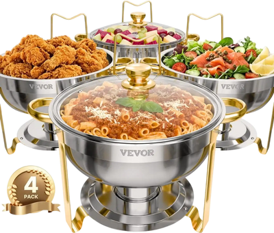 VEVOR Chafing Dish Buffet Set, 5 Qt 4 Pack, Stainless Steel Chafer with 4 Full Size Pan, Round Catering Warmer Server with Glass Lid Water Pan Folding Stand Fuel Holder, for Wedding Party Banquet, Gold