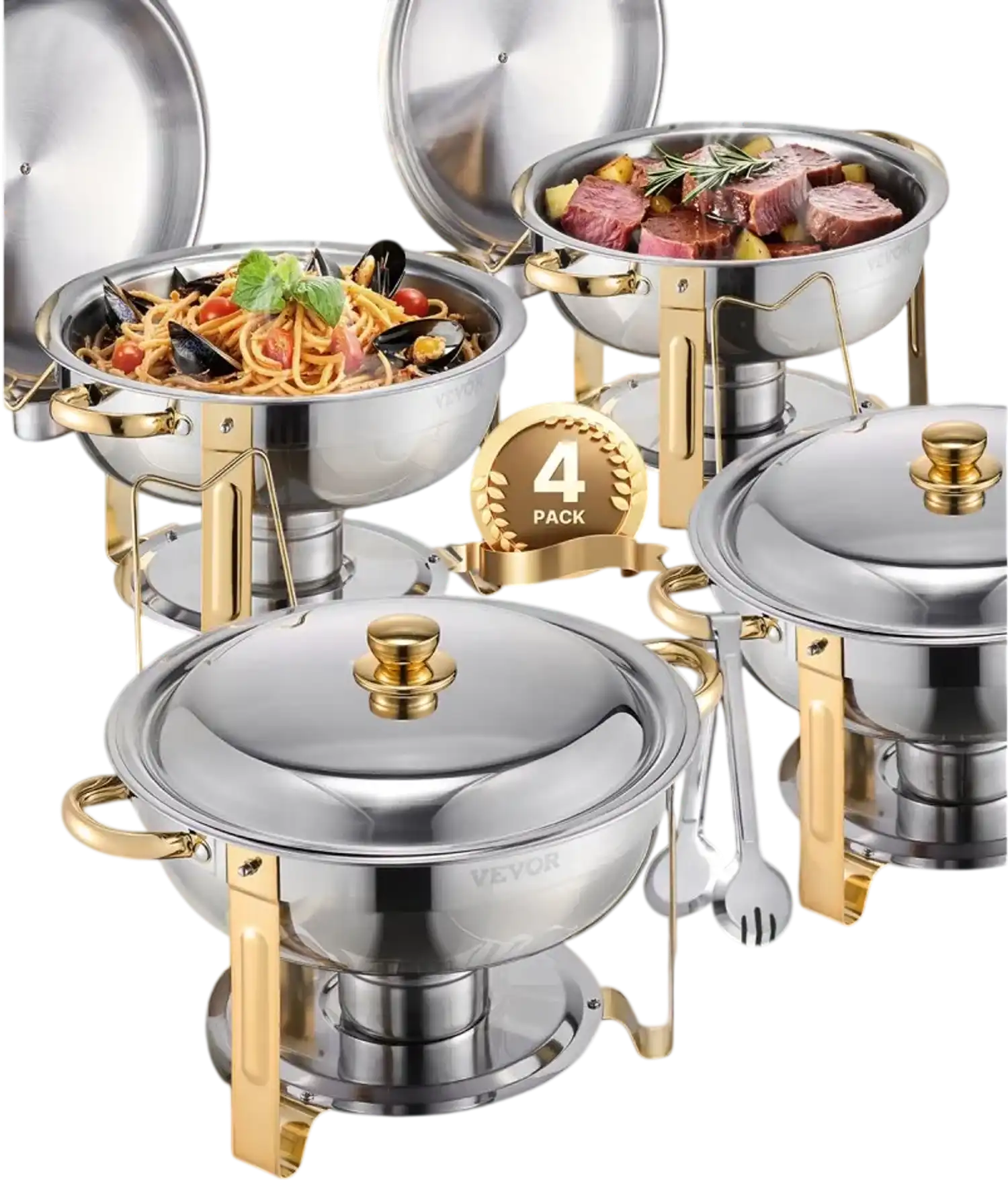 Vevor Chafing Dish Buffet Set 5 Qt 4-Pack Round Stainless Steel Gold New