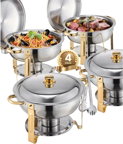 VEVOR Chafing Dish Buffet Set, 5 Qt 4 Pack, Stainless Steel Chafer with 4 Full Size Pans, Round Catering Warmer Server with Lid Water Pan Folding Stand Clip, for Weddings Parties Banquets, Gold