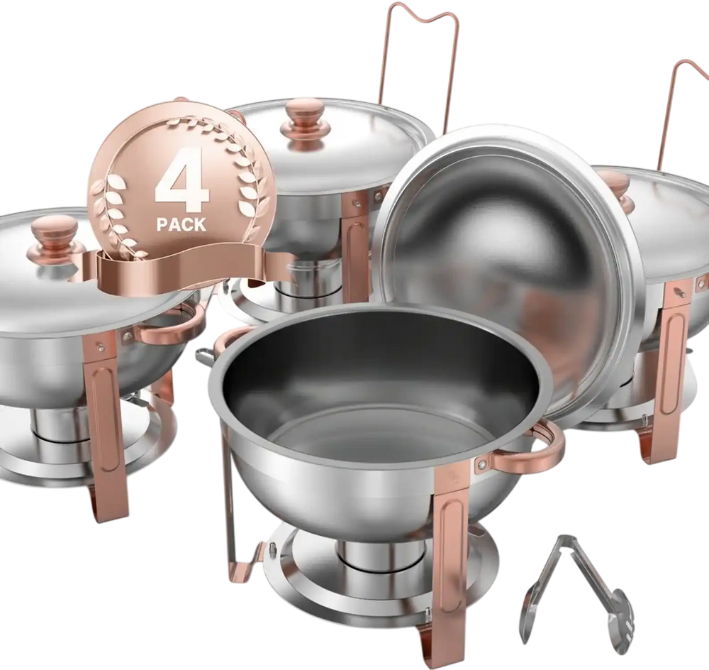 VEVOR Chafing Dish Buffet Set, 5 Qt 4 Pack, Stainless Steel Chafer with 4 Full Size Pans, Round Catering Warmer Server with Lid Water Pan Folding Stand Clip, for Weddings Parties Banquets, Rose Gold