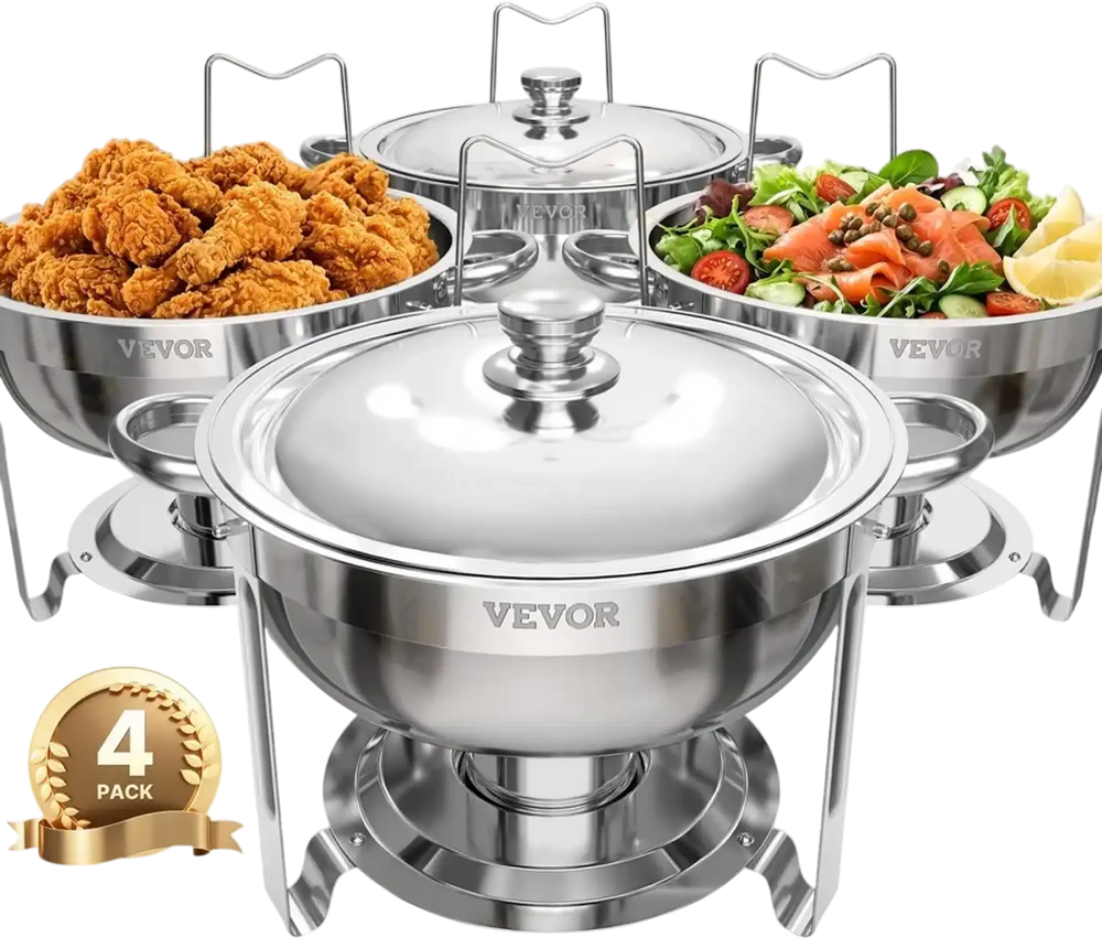 VEVOR Chafing Dish Buffet Set, 5 Qt 4 Pack, Stainless Steel Chafer with 4 Full Size Pans, Round Catering Warmer Server with Lid Water Pan Folding Stand Clip, for Weddings Parties Banquets, Silver