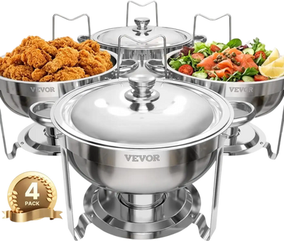 VEVOR Chafing Dish Buffet Set, 5 Qt 4 Pack, Stainless Steel Chafer with 4 Full Size Pans, Round Catering Warmer Server with Lid Water Pan Folding Stand Clip, for Weddings Parties Banquets, Silver