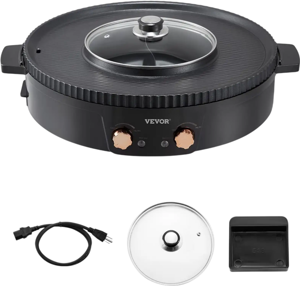 VEVOR Hot Pot with Grill, 1800W 2-in-1 Electric Smokeless Grill and Hot Pot, Korean BBQ Shabu Shabu Hotpot with Separate Dual Temperature Control, Non-stick Pan, for 2-8 People Family Dining