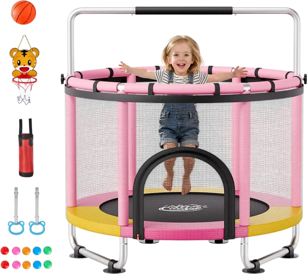 VEVOR 60" Trampoline for Kids, 5 FT Toddler Mini Trampoline, 132 lbs Indoor Outdoor Play Toys with Enclosure Net and Adjustable Gymnastics Bar, Christmas Toys Birthday Gifts for Girls Boys