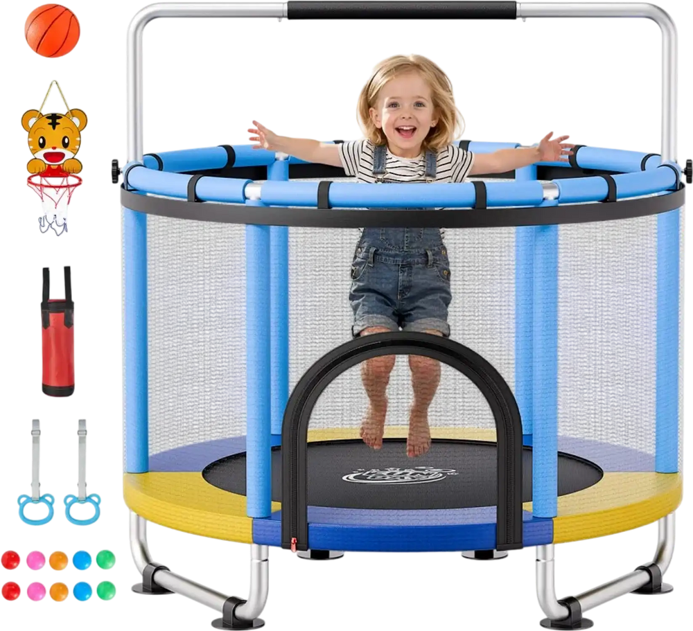VEVOR 60" Trampoline for Kids, 5 FT Toddler Mini Trampoline, 132 lbs Indoor Outdoor Play Toys with Enclosure Net and Adjustable Gymnastics Bar, Christmas Toys Birthday Gifts for Girls Boys