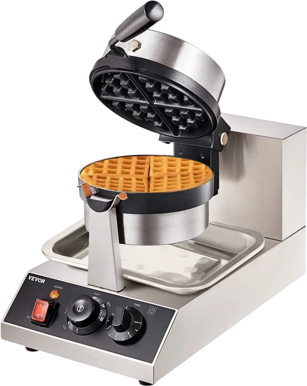 VEVOR Commercial Waffle Maker, 1 Piece per Batch, 1300W Round Waffle Iron, Non-Stick Waffle Baker Machine with 122-572℉ / 50-300℃ Temp Range Teflon-Coated Baking Pans Stainless Steel Body, 120V