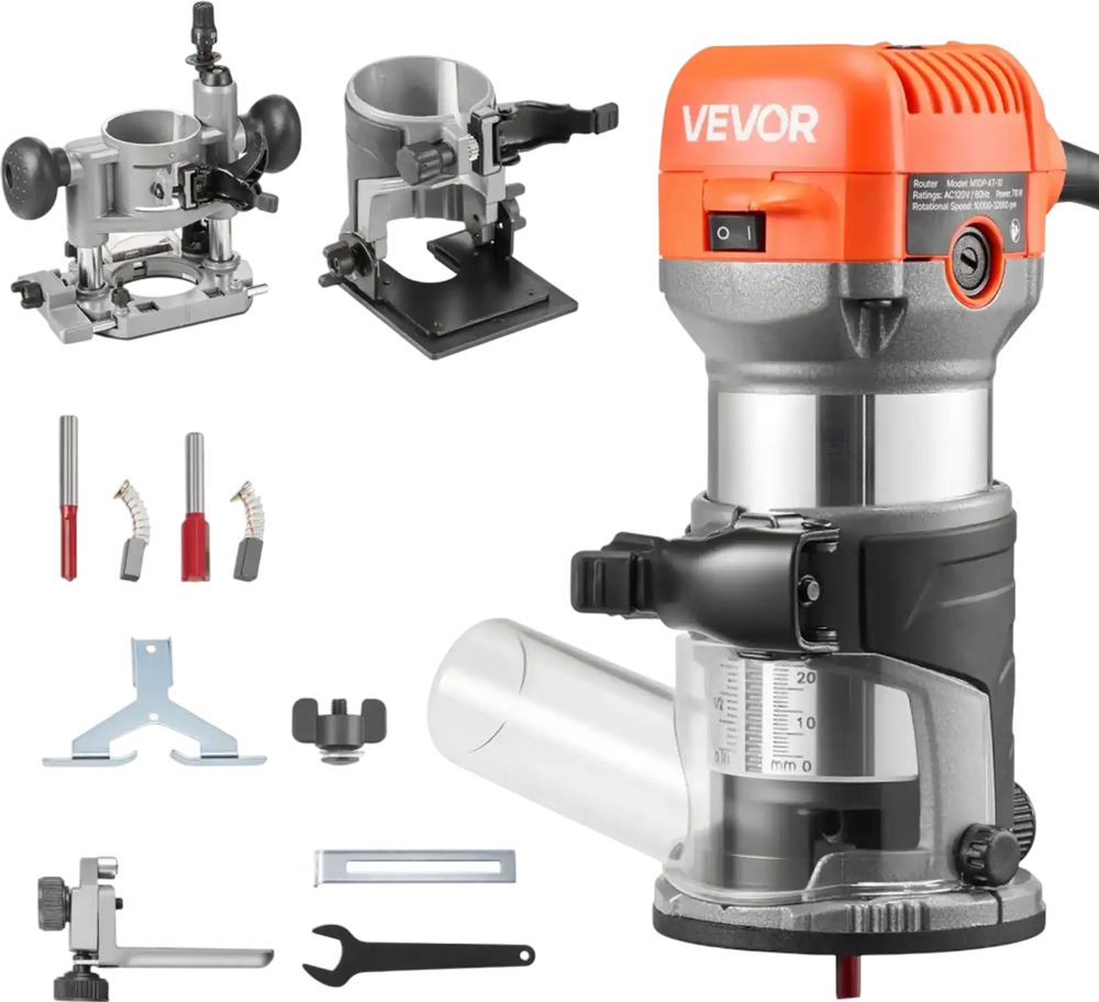 VEVOR Wood Router, 1 HP 710W, Variable Speed Palm Router Tool with 1/4 in Collet, Compact Edge Wood Trimmer with Fixed, Plunge & Tilt Base, Soft Start, for Woodworking, Trimming, DIY Projects, Corded