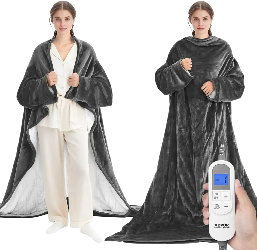 VEVOR Wearable Electric Heated Throw Blanket with Foot Pocket & Sleeves, Portable Robe Snuggie Blankets for Women, 10 Heating Levels, 12H Auto Shut-Off, Machine Washable, 50 x 70 inch, Grey