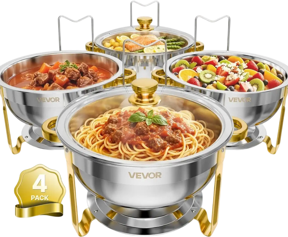 VEVOR 4 Packs Chafing Dishes for Buffet Set, 6QT Stainless Steel Chafer, for Banquet Party Wedding Catering Event, Round Stackable Buffet Servers and Warmers, with 4 Pots, Glass Lid, and Fuel Holder