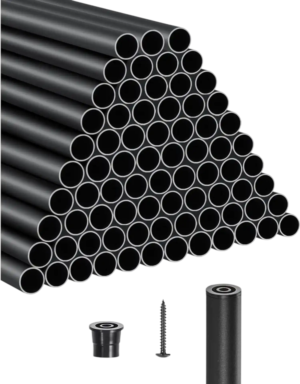 VEVOR Staircase Balusters 101 Pack, 26 In Aluminum Stair Balusters, 3/4 Inch Water-Proof Round Metal Spindle Railing, Hollow Deck Railing with Rail Caps & Screws for Stairs, Porch, Patio, Matte Black