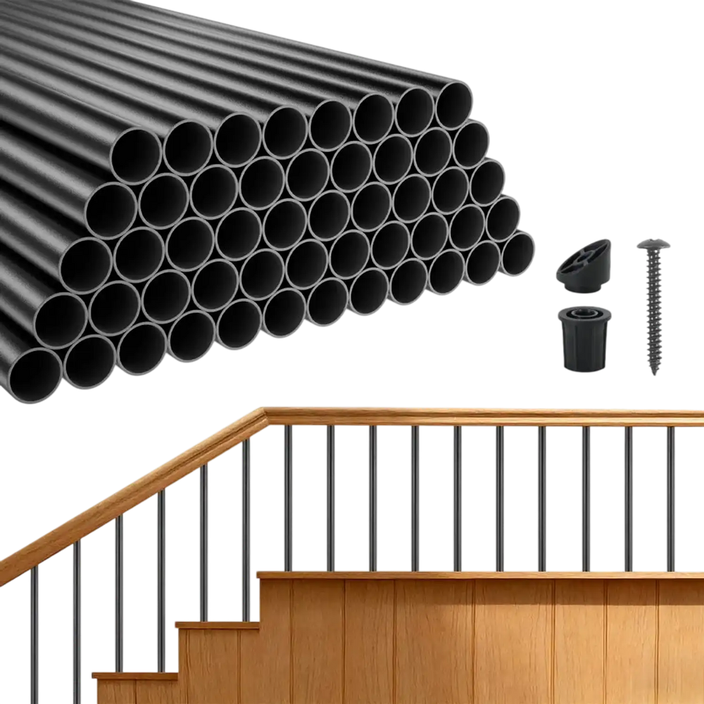 VEVOR 125 Pack Deck Balusters, 26 in Aluminum Railing Spindles, 3/4 in Diameter Hollow Round Metal Decking Stair Balusters with Connectors, Screws, for Deck, Porch & Staircase Railing Fence, Black
