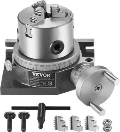 VEVOR Milling Machine Rotary Table, 4''/100 mm, Versatile Horizontal & Vertical Design, Precision Crafted, Includes 3.1''/80 mm 3-Jaw Chuck, M10 T-Bolts & Nuts, Ideal for Engineering & Indexing