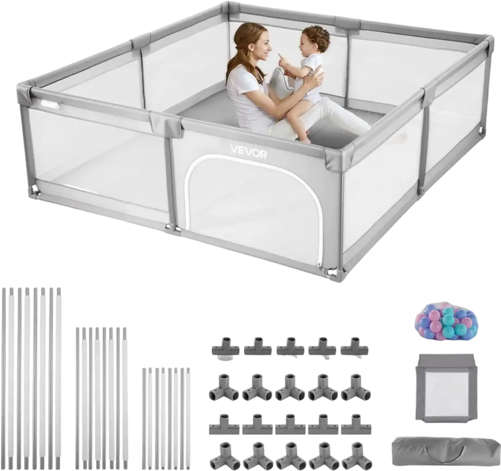 VEVOR Baby Playpen, 78.7″ x 58.7″ Large Toddlers Playpen, Indoor/Outdoor Baby Fence Play Yard with 50 Ocean Balls, Zippered Door & Breathable Mesh, No-Gap Safety Activity Center for Babies Toddlers