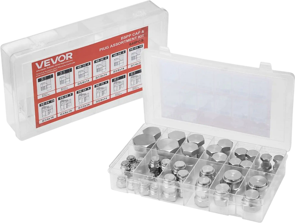 VEVOR 64 PCS BSPP Hydraulic Fittings, Hydraulic Cap and Plug Kit with Precision Threading, Galvanized Steel Heavy Duty Hydraulic Fitting Adapter Kit, Dash Sizes 04/06/08/10/12/16