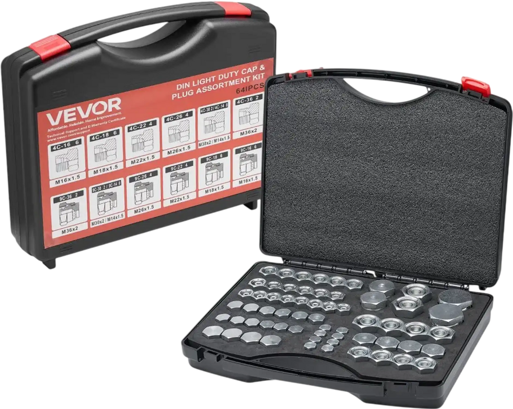 VEVOR 64 PCS DIN Hydraulic Fittings, Heavy Duty Master Industrial Hydraulic Cap and Plug, Hose Tube and Pipe Fitting Kit, Cap and Plug Kit with Precision Threading, Dash Sizes 14/16/18/22/26/30/36