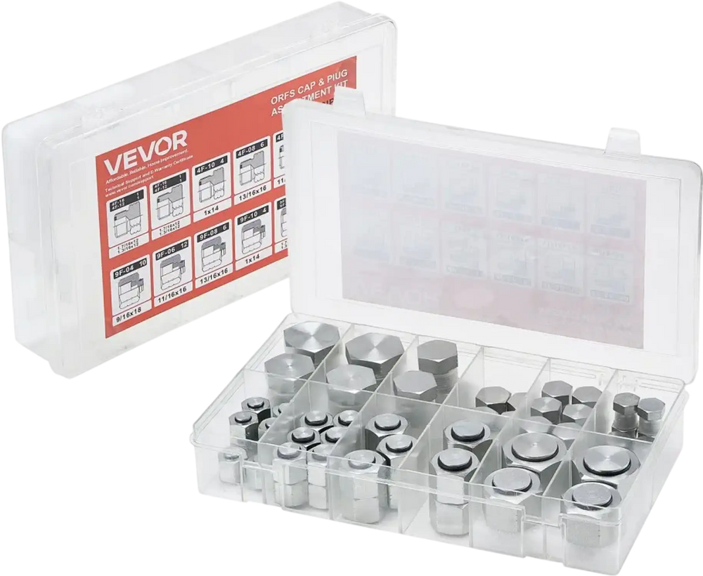 VEVOR 72 PCS ORFS Hydraulic Fittings, O Ring Face Seal Fitting Kit, Hydraulic Hose Tube and Pipe Fittings, Cap and Plug Set for Hydraulics, O Ring Assortment Kit Precision Thread, Sizes 4 6 8 10 12 16