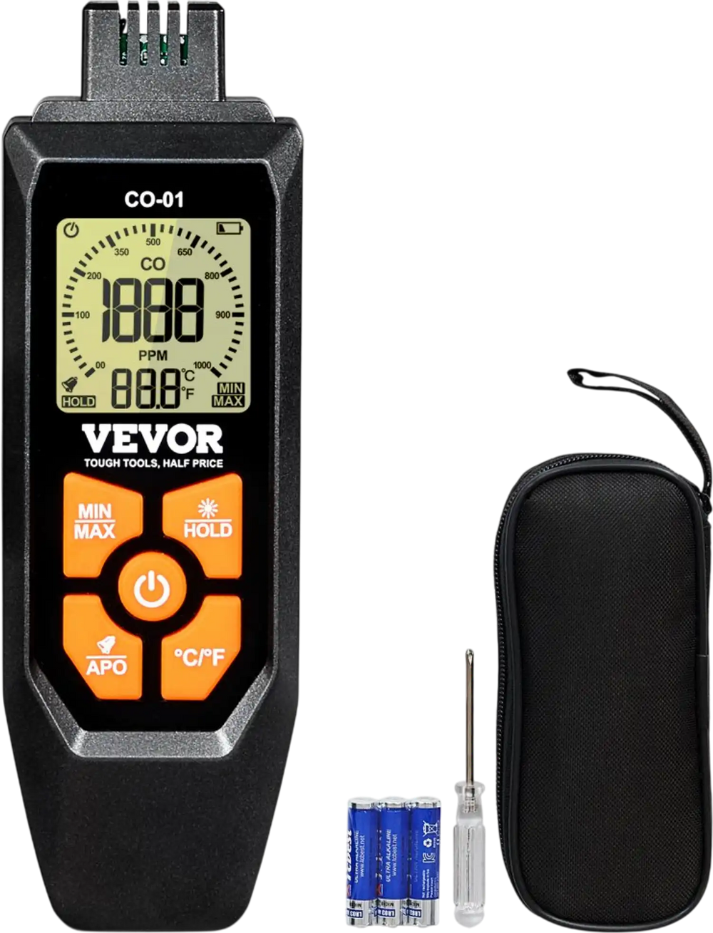 VEVOR CO Gas Monitor, 0-1000PPM Range, Features Sound & Light Warning, Handheld Carbon Monoxide Meter with Temp Sensing, Digital Display with Backlight, Suitable for Household/Industrial Use, Inclu