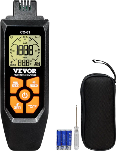 VEVOR CO Gas Monitor, 0-1000PPM Range, Features Sound & Light Warning, Handheld Carbon Monoxide Meter with Temp Sensing, Digital Display with Backlight, Suitable for Household/Industrial Use, Inclu