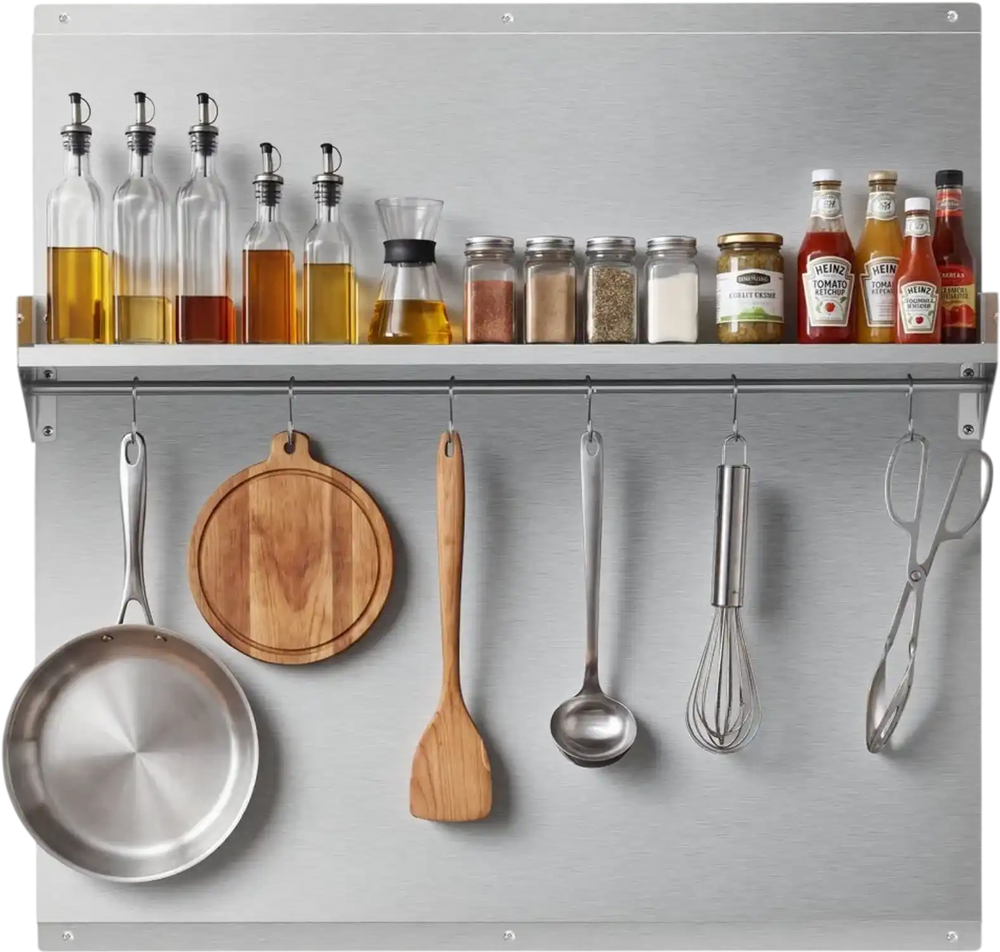 VEVOR 30" x 30" Stainless Steel Backsplash for Stove, Ultra Flat Splatter Guard with Storage Shelf & Hanging Rack, Wall Shield Range Hood Panel, Easy Clean, Pre-Drilled Holes for Easy Installation