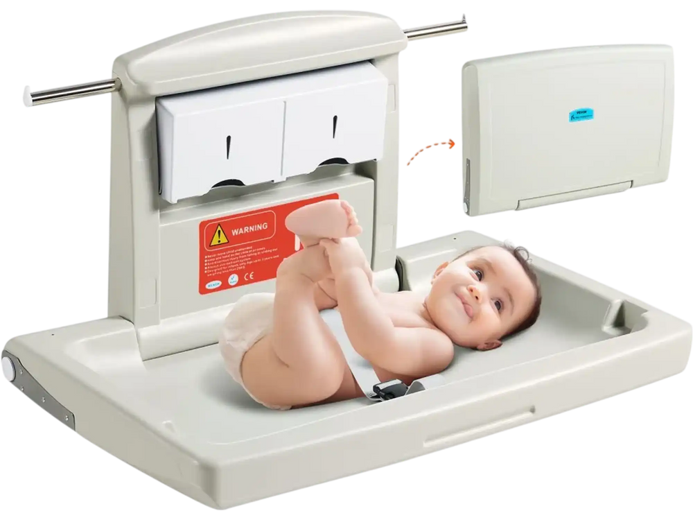 VEVOR Wall-Mounted Baby Changing Station, Horizontal Foldable Diaper Change Table with Safety Straps and Hanging Rods, Use in Commercial Bathrooms,  Daycare Centers for Newborns & Infant