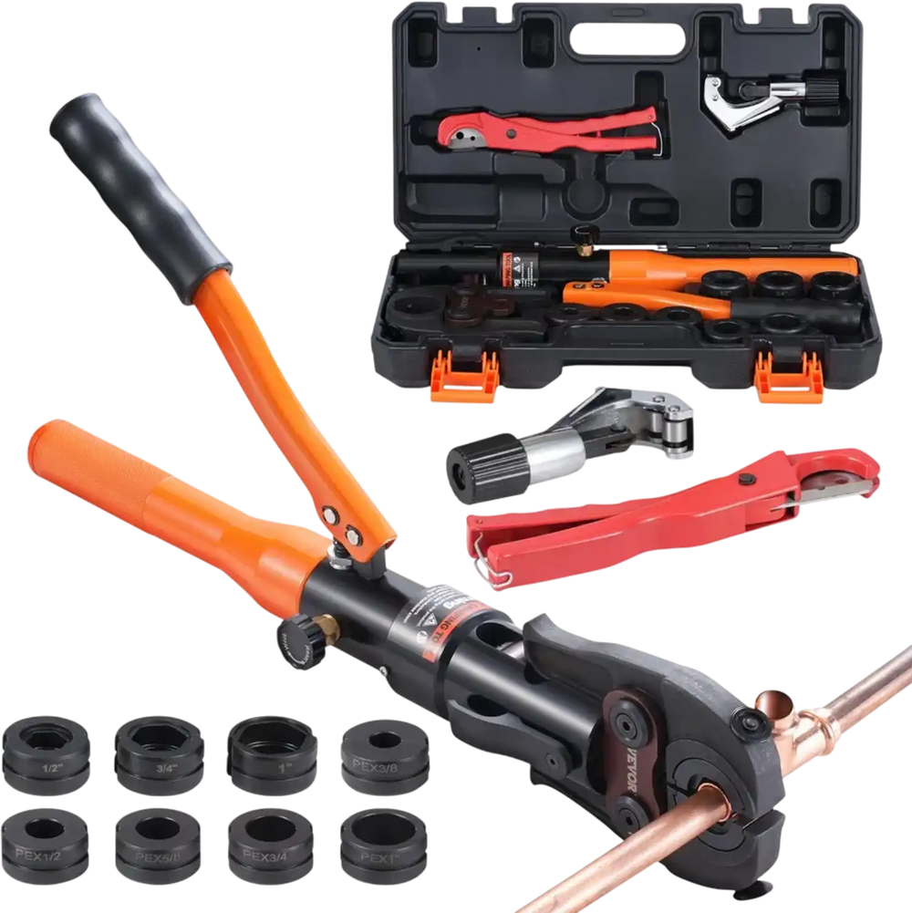 VEVOR Copper Pipe Crimping Tool, Hydraulic Driven Press Tool with 1/2", 3/4", 1" Jaws for VUS Type Copper Pipes and  3/8", 1/2", 5/8", 3/4", 1" Jaws for ASTM F1807 Pex Pipe Copper Ring