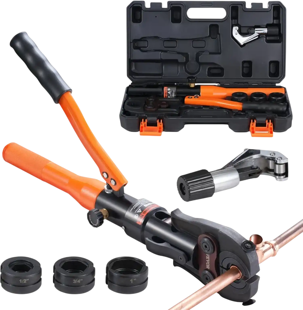VEVOR Copper Pipe Crimping Tool, Hydraulic Driven Press Tool with 1/2", 3/4", 1" VUS Jaws, Copper Tube Fittings Pipe Crimpers for Narrow Spaces and Tee Fittings