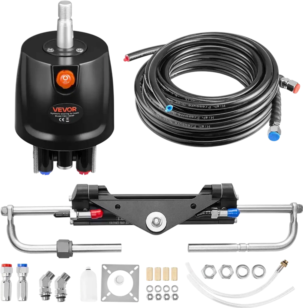 VEVOR Hydraulic Steering Kit, 150 HP, Marine Boat Hydraulic Steering System, with 6.9 MPa/1000 psi Helm Pump, Two-Way Lock Cylinder, and 20ft High-Strength Hoses, for Single Station, Single-Engine Use