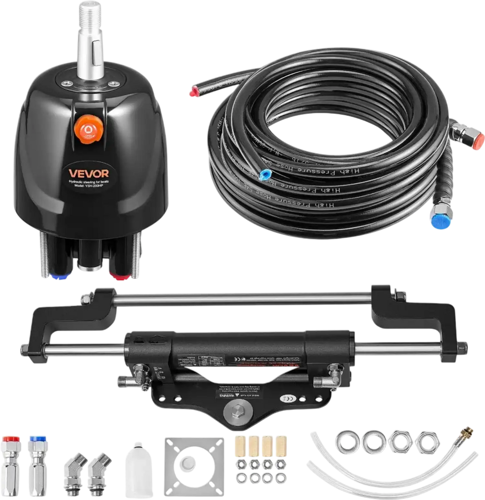 VEVOR Hydraulic Steering Kit, 200 HP, Marine Boat Hydraulic Steering System, with 6.9 MPa/1000 psi Helm Pump, Two-Way Lock Cylinder, and 26ft High-Strength Hoses, for Single Station, Single-Engine Use