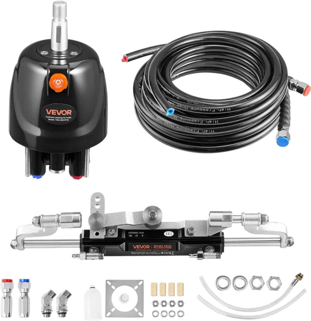 VEVOR Hydraulic Steering Kit, 300 HP, Marine Boat Hydraulic Steering System, with 6.9 MPa/1000 psi Helm Pump, Two-Way Lock Cylinder, and 26ft High-Strength Hoses, for Single Station, Single-Engine Use