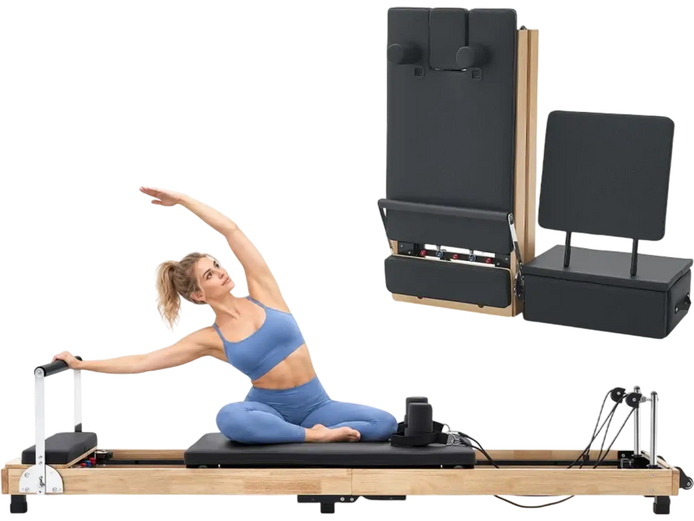 VEVOR Pilates Reformer 96" Foldable Pilates Machine 400 lbs Rubberwood, for Home Use and Gym Workout, with Jump Board, Springs, Sitting Box, and Adjustable Headerest, for Advanced Beginners Users