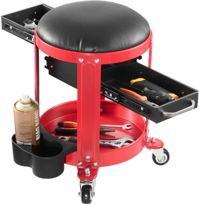 VEVOR Rolling Mechanic Stool with Wheels, 300 lbs Capacity Garage Seat/Work Stool, Padded Roller Creeper Seat with Fixed Height, Tool Tray and 2 Drawers, for Garage, Shop & Auto Repair, Red+Black