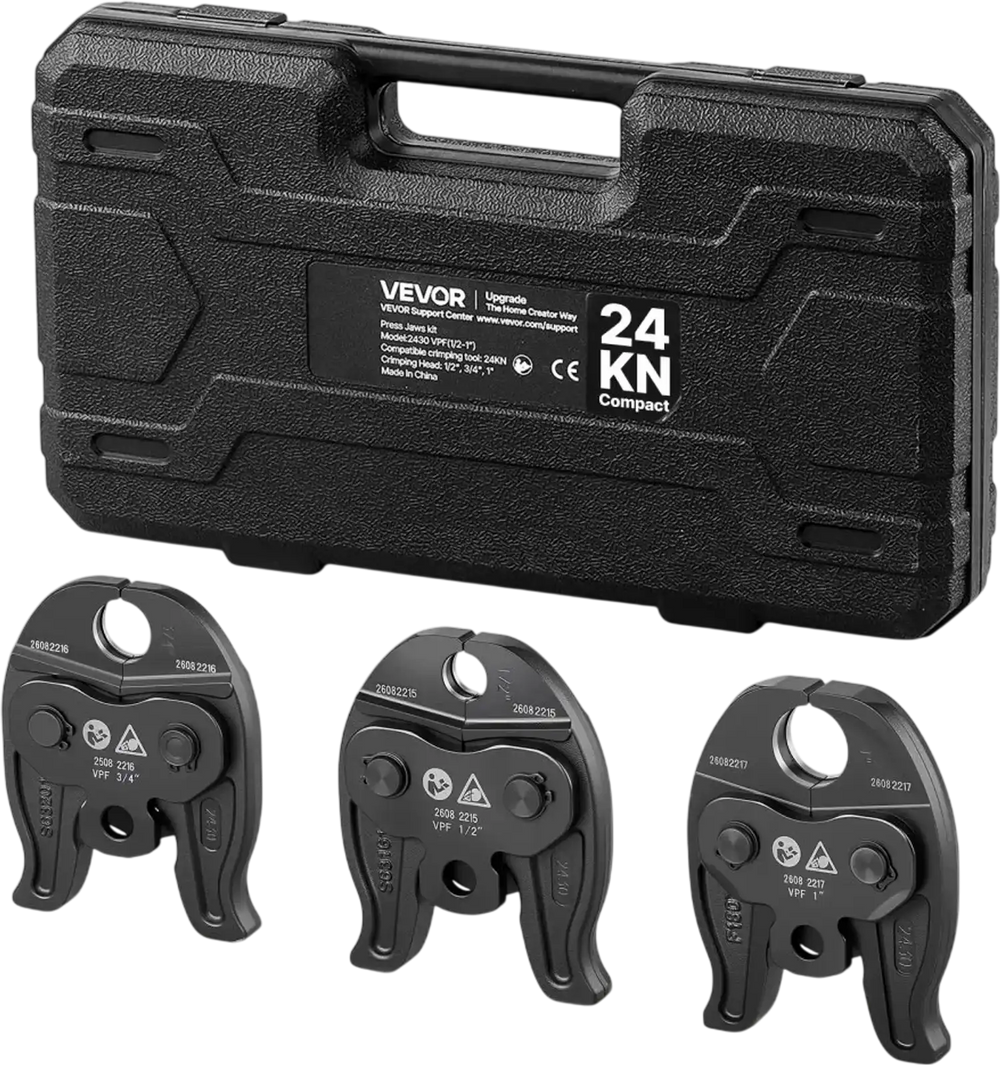 VEVOR 3PCS VPF Press Jaws 1/2", 3/4", 1" for PEX Pipe Stainless Steel Rings, Compatible with Pureflow, Work with 24KN Compact Series Press Tools, 60 HRC Hardened Steel - Includes Carrying Case