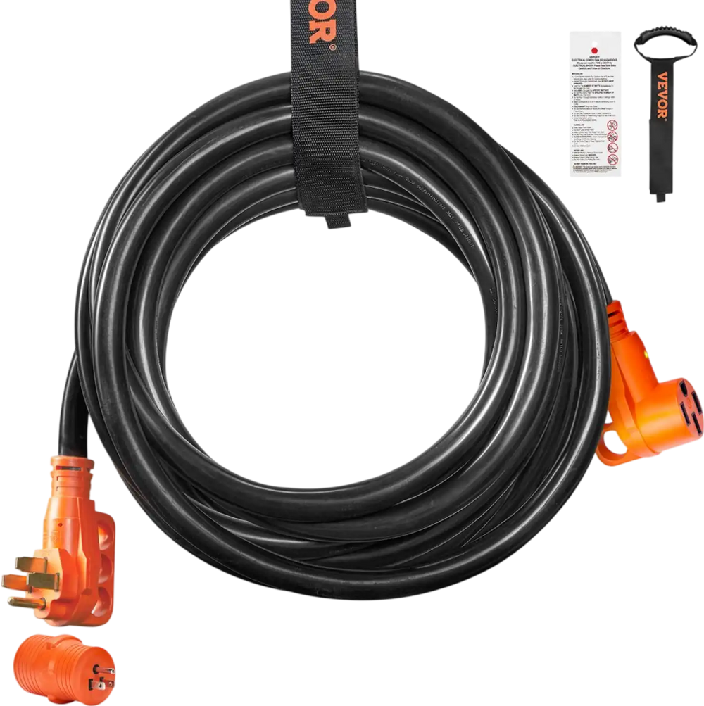 VEVOR 25 ft RV Extension Cord, 50 Amp, Heavy Duty STW RV Power Cord, NEMA 14-50R Female NEMA 14-50P Male Plug, with LED Indicator Handle 15A Adapter, for RVs, trams, generators, campers, ETL Listed