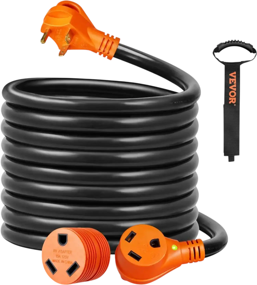 VEVOR 25 ft RV Extension Cord, 30 Amp, Heavy Duty STW RV Power Cord, NEMA TT-30R Female NEMA TT-30P Male Plug, with LED Indicator Handle 15A Adapter, for RVs, trams, generators, campers, ETL Listed