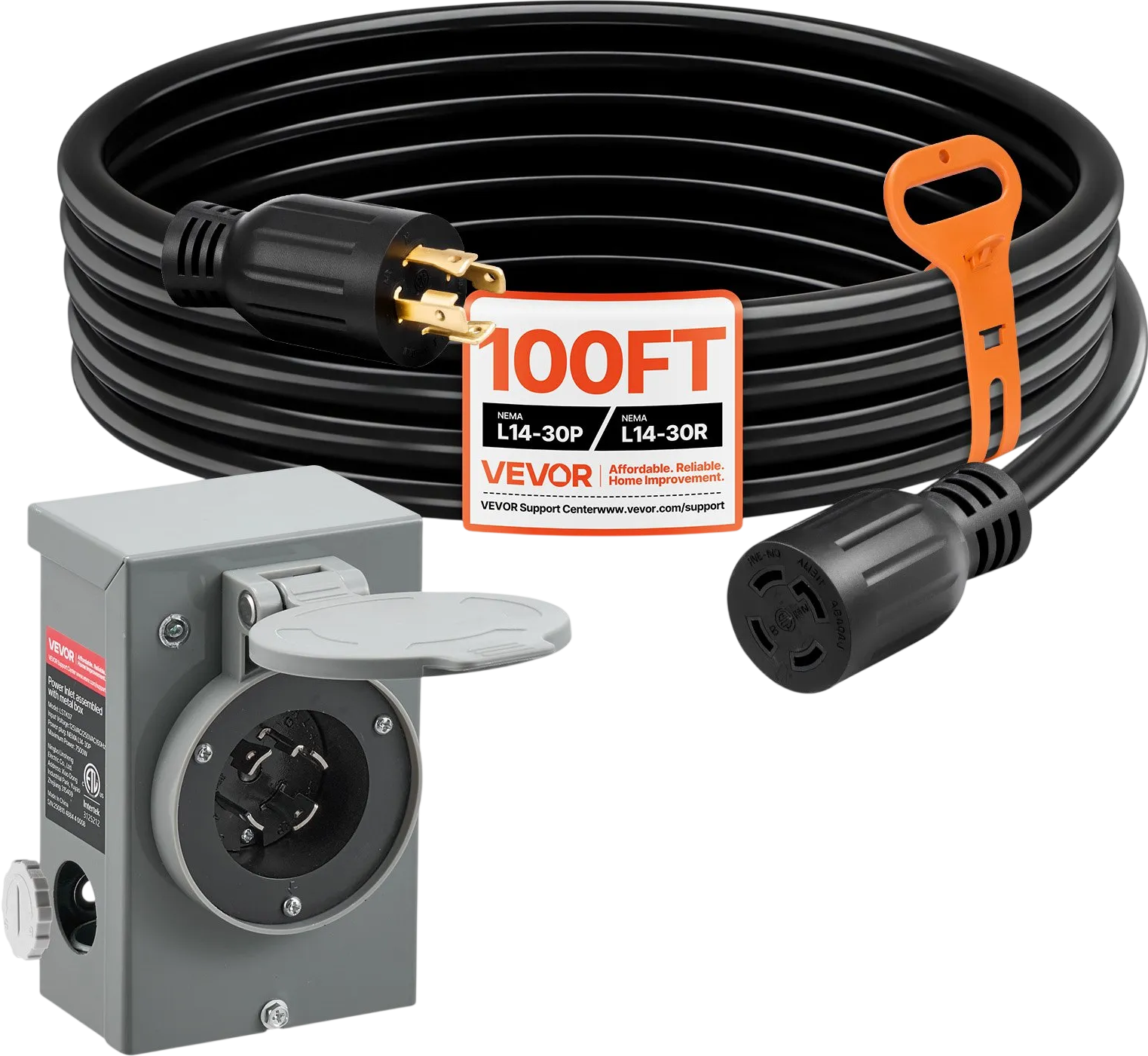 Vevor Power Inlet Box and 30A Generator Cord 100 ft. 125/250V NEMA L14-30 7500W New
