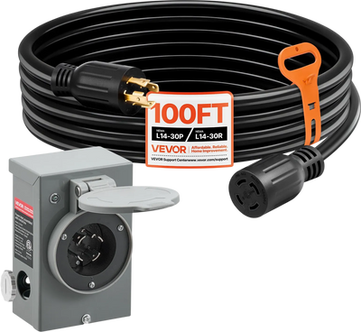 Vevor Power Inlet Box and 30A Generator Cord 100 ft. 125/250V NEMA L14-30 7500W New