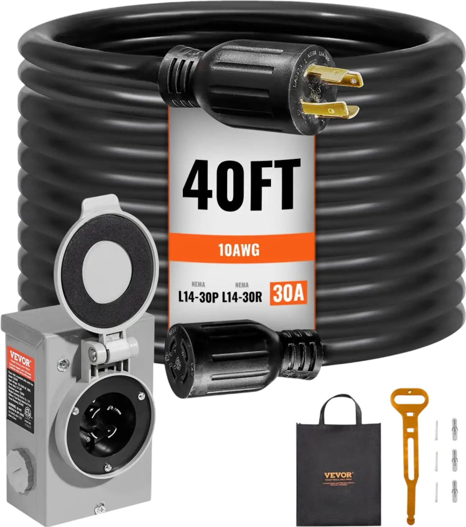 Vevor Generator Cord and Power Inlet Box Kit 30 Amp 40' NEMA L14-30P/L14-30R New